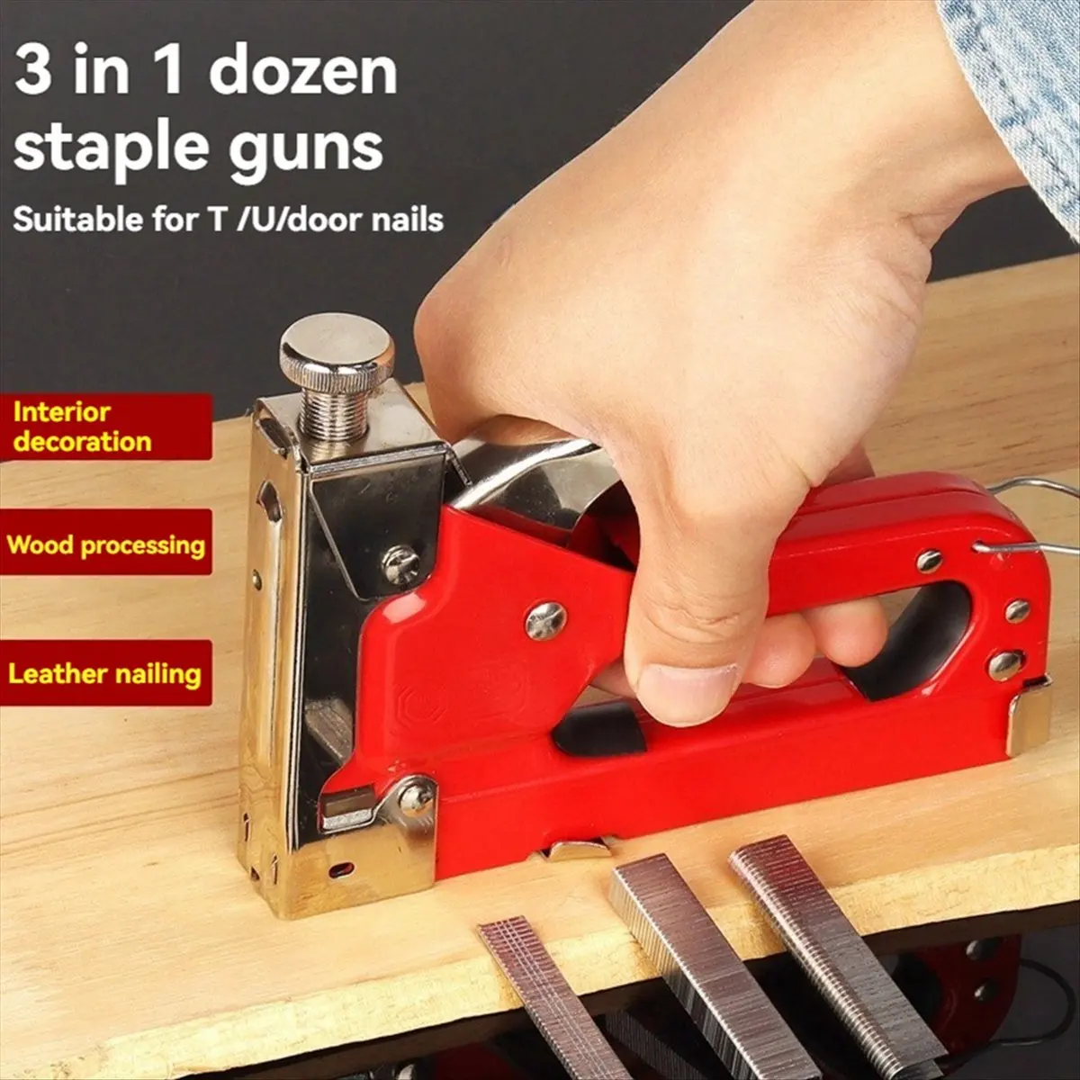 N82R Manual Three-Purpose Nail Stapler T Nail Code Nail U Nail Woodworking Oil Painting Tool Stapler Red view 2