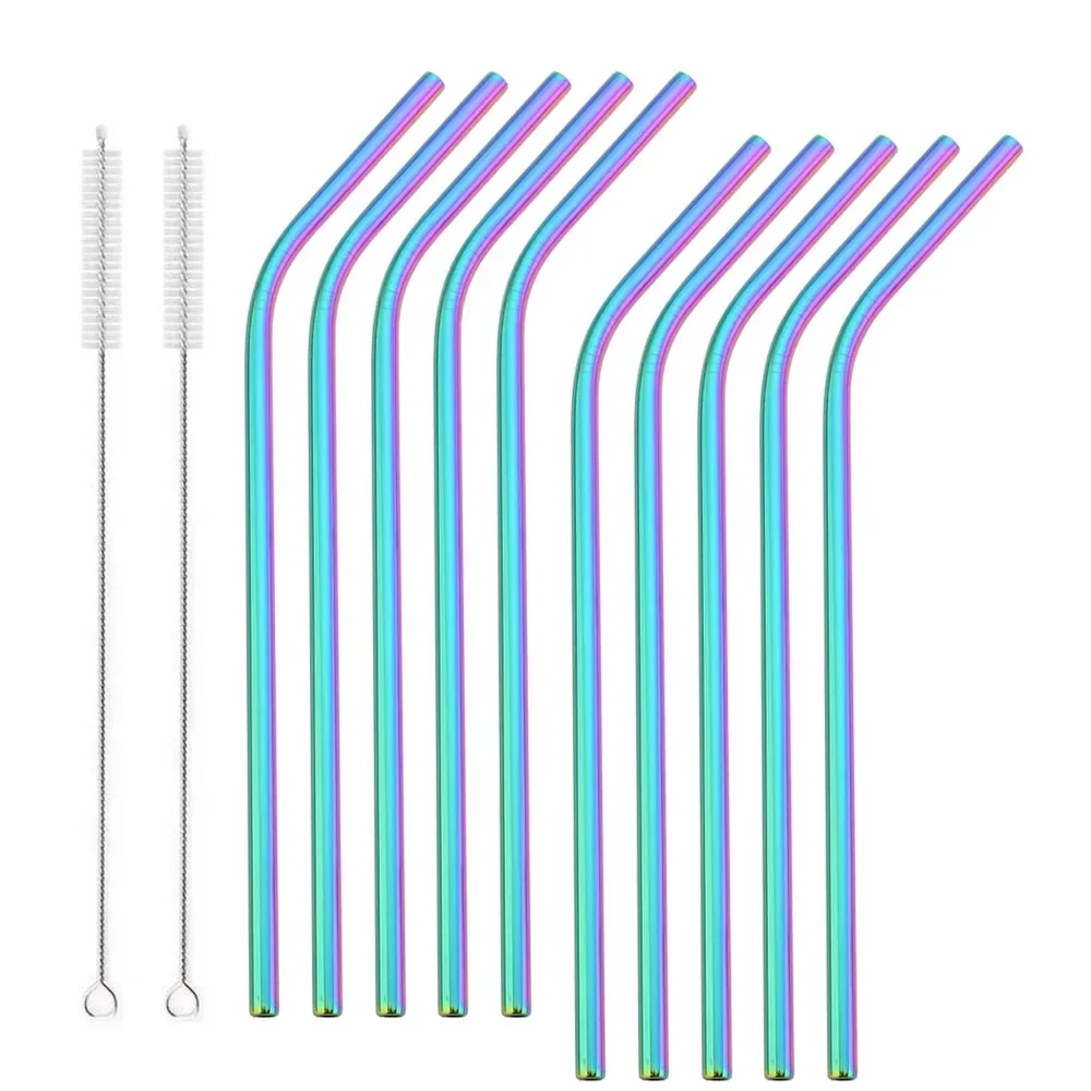 Rainbow Reusable Metal Bent Straws Stainless Steel Straws Set Eco-friendly Drinks Straws With Brush Cocktail Bar Accessory