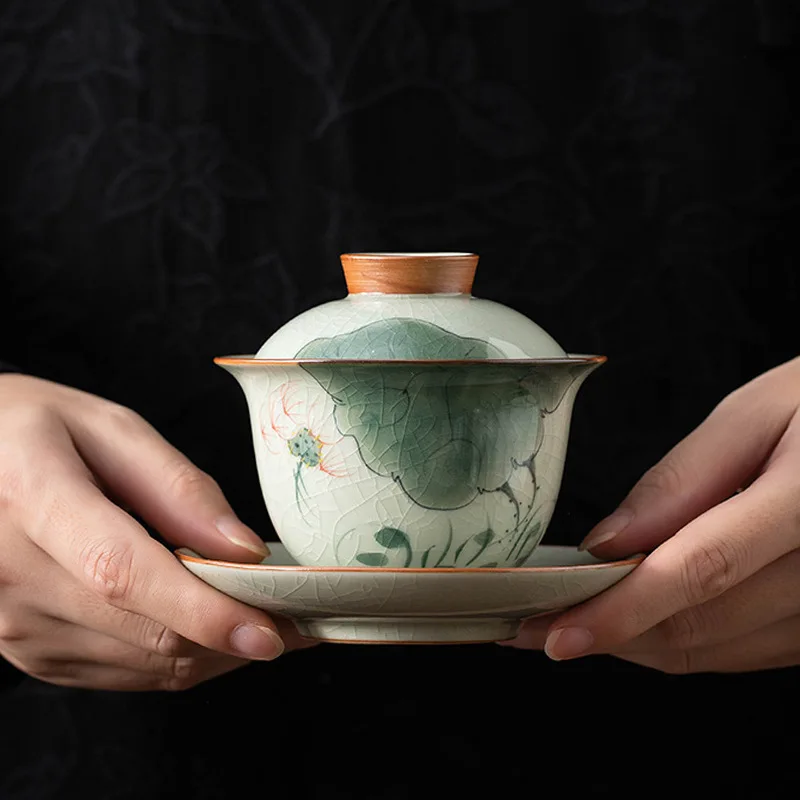 

High Quality Pure Hand Drawing Cover Teacup Tea Bowl Set Handmade Making Device Suit Household Porcelain Kung Fu Gaiwan Single