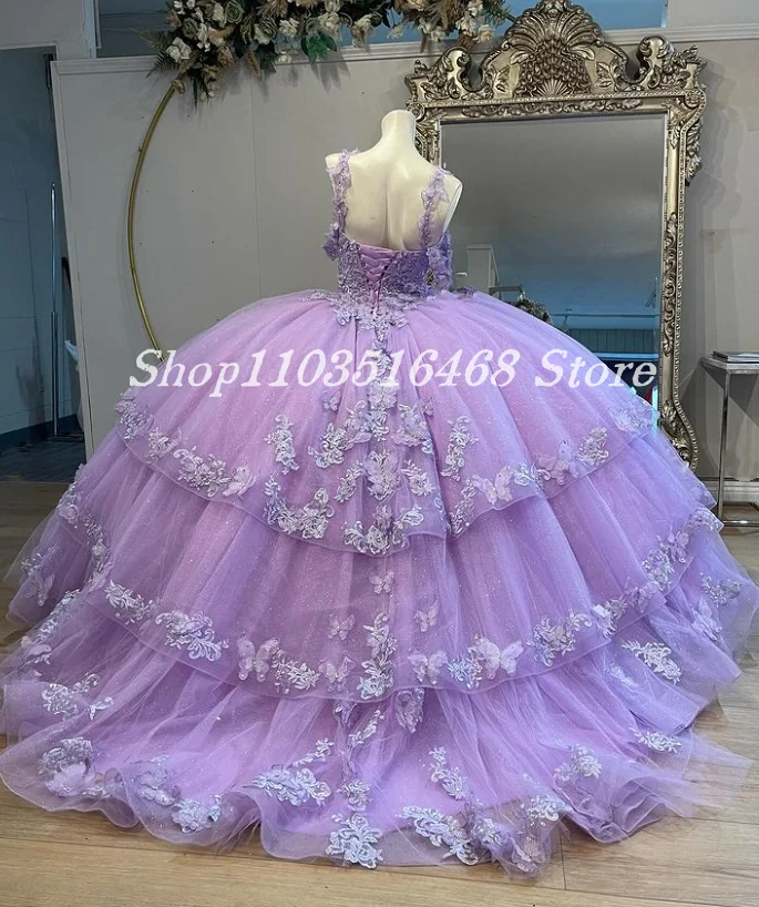 Vestido De Quinceañera púrpura De princesa brillante De lujo, mariposa De cristal, bordado, Poncho con volantes, 15 Quinceañera, 2024