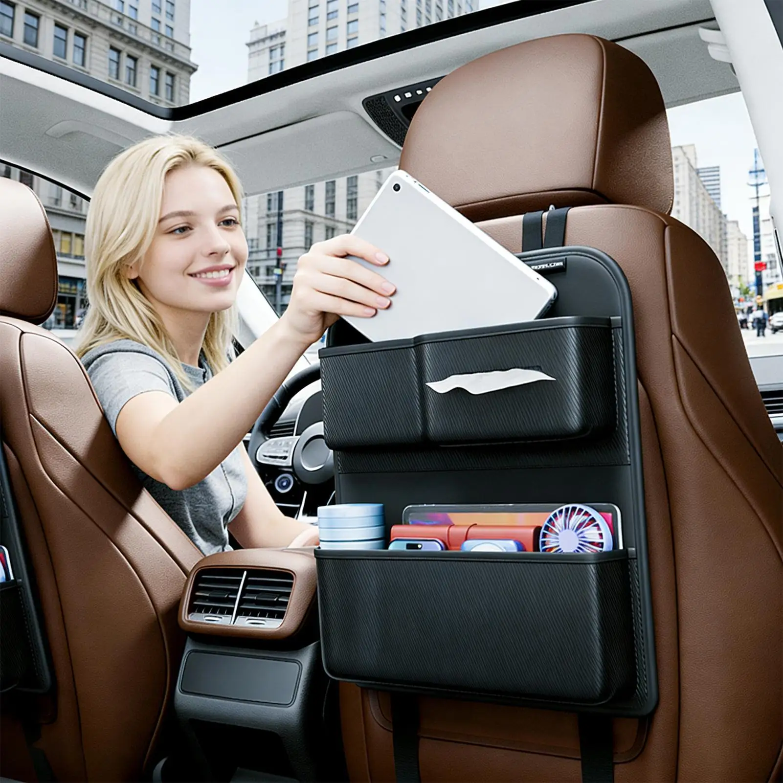 

Backseat Organizer With Cup Holder Large Capacity Storage Back Of Seat Car Organizer Kick Mats For Truck SUV RV Sedan Vehicle