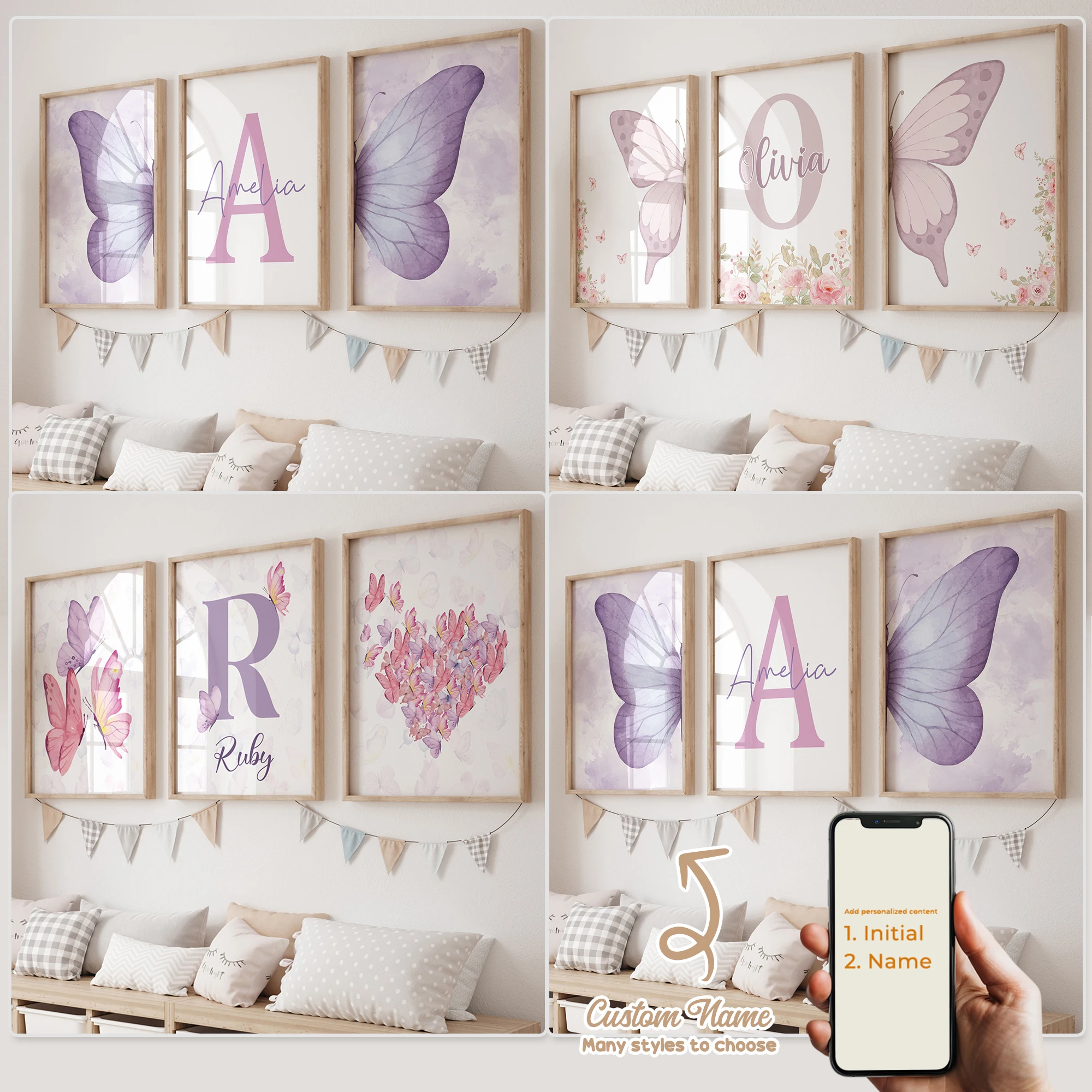 3 Stück personalisierte, individuelle Cartoon-Schmetterlings-Wandkunst mit Namen, Leinwandposter, Gemälde für Wohnzimmer, Heimdekoration