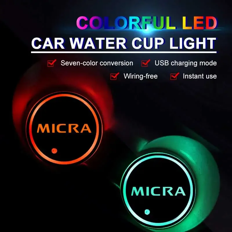 7 Colors Car Water Coaster Drinks Holder Decor for Nissan Micra Logo Luminous Auto Cup Mat Pad LED Atmosphere Light Styling