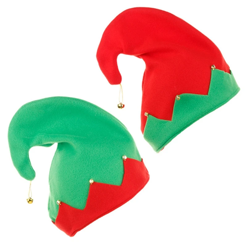 Caps of Santa's Assistant Plush Made Red & Green Hats with Curled for Peak Christmas Costume Accessories