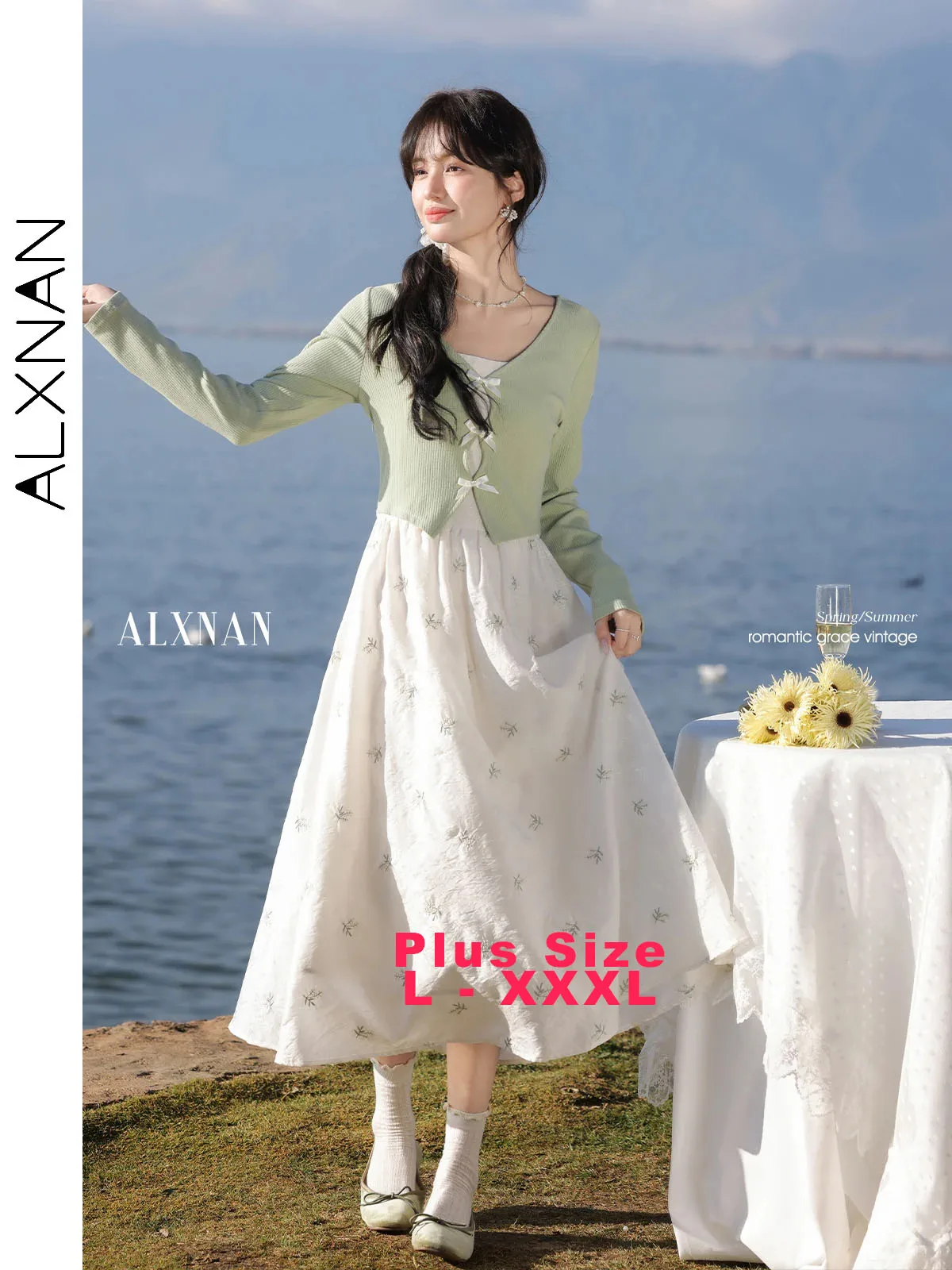 

ALXNAN Plus Size Dress Women Fake Two Piece Patchwork Long Dress 2025 Autumn Bowknot Placket Design Long Sleeve Clothing D09120