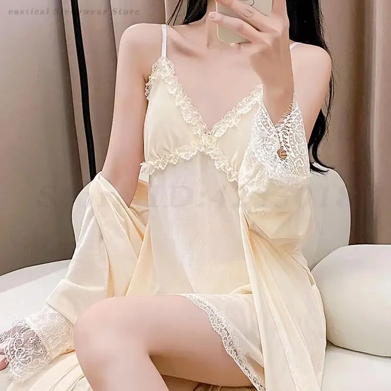 

Сексуальный кружевной комплект-двойной халат, осенне-зимний женский бархатный комплект для сна, ночная рубашка на тонких бретельках, халат, домашняя одежда, свободная одежда для дома