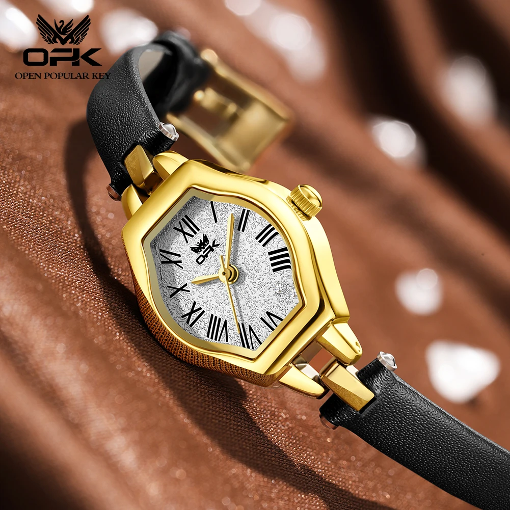 OPK 6081 Luxury Classic Women Original Quartz Movement Watch Small Barrel Stylish Dial Leather Strap 30m Waterproof Watch