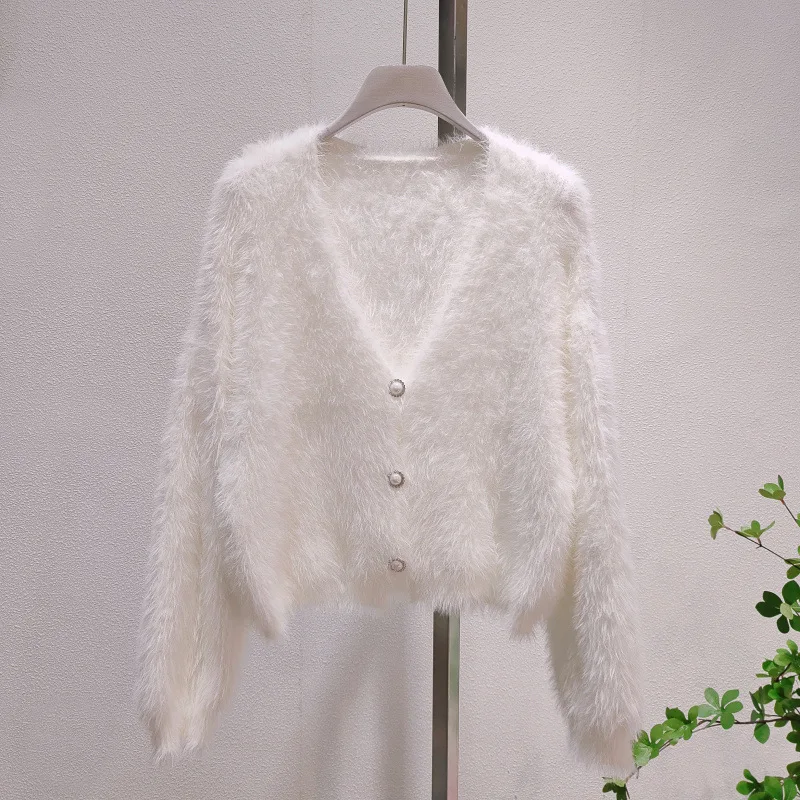 

2025 Autumn Winter Pure Color Faux Mink Outerwear Sweater Jacket V-Neck Long Sleeve Women's Short Loose Knitted Cardigan