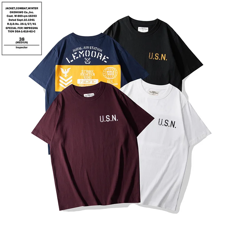 

OKONKWO American retro U.S.NAVY short-sleeved T-shirt 200g Navy military style Amei Khaki T-shirt