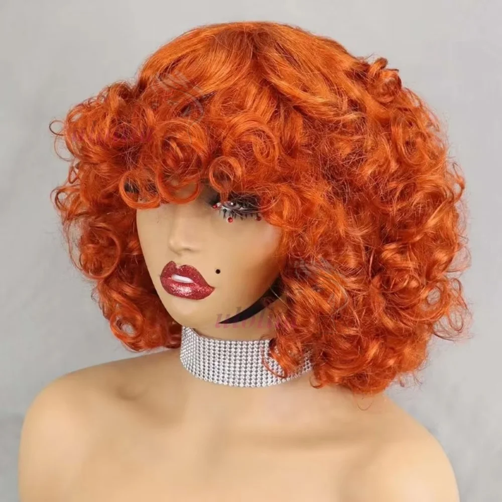 99J Burgunder Fumi Lockige Bob-Perücke, Federnde Pixie-Cut-Perücke mit Highlights, Vollmaschinell Gefertigte Eierlocken, Lockige Echthaar-Perücken für Frauen mit Pony – Detail 6