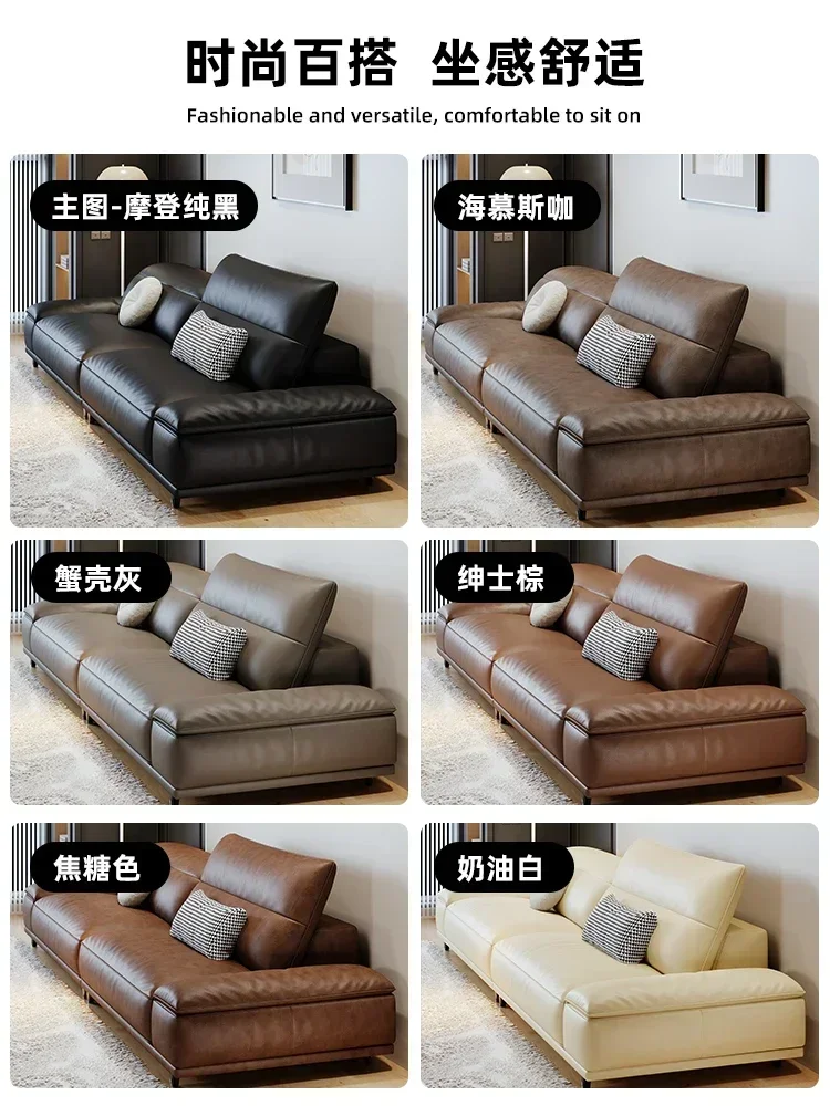 First Layer Cowhide Black Home Straight Row Living Room Small Apartment Sofa for Three People