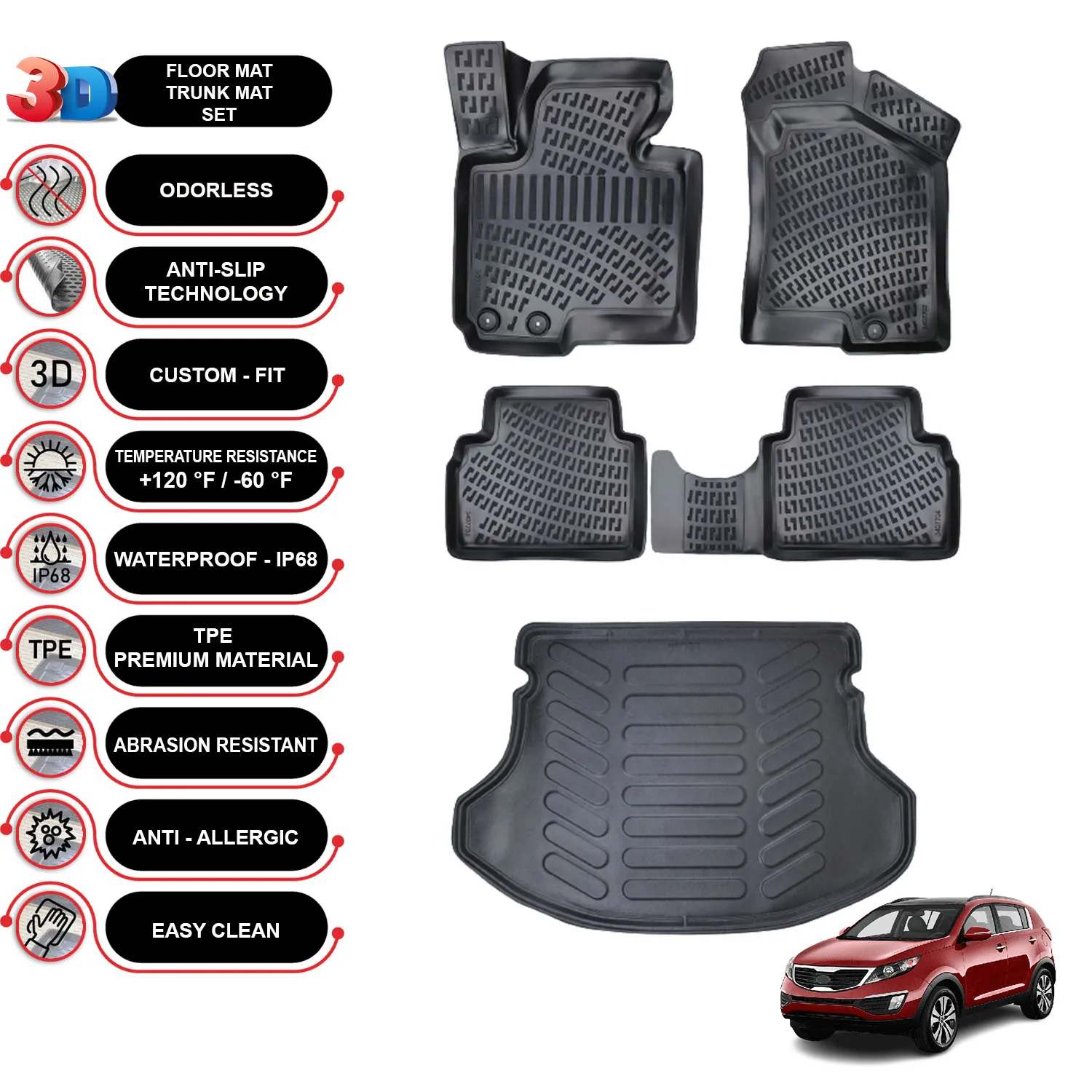 Kia Sportage - (2011-2015) - Floor Mats + Cargo Trunk Liner - SET - (Black)