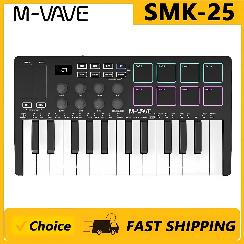 M-VAVE SMK-25 MIDI Keyboard Controller with Backlit Drum Pads, Bluetooth Wireless Portable Rechargeable MIDI Controller