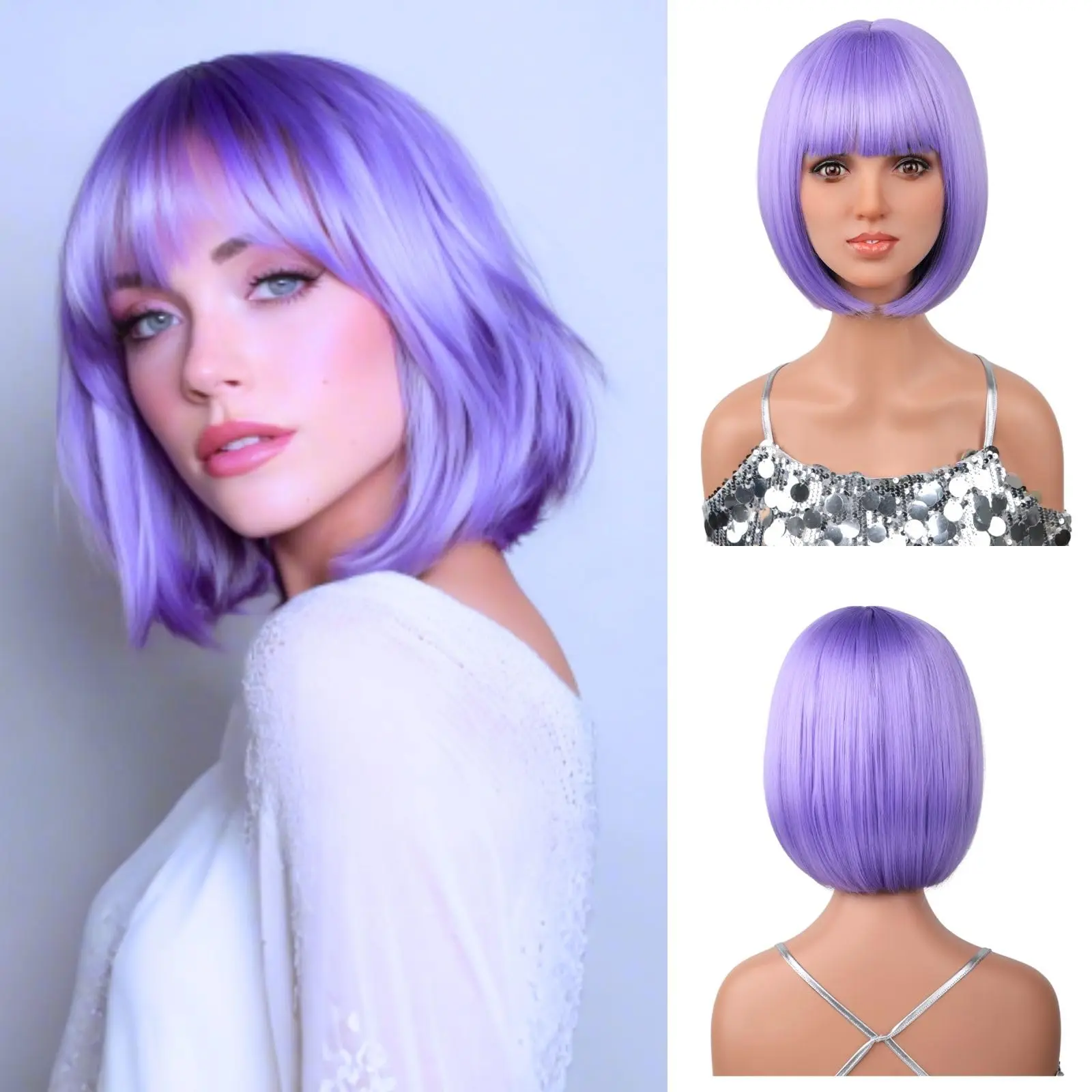 Light Purple Synthetic Bobblehead Wig for Halloween Cosplay Role-Playing Daily High-Party Winnie Style Hairpiece Set