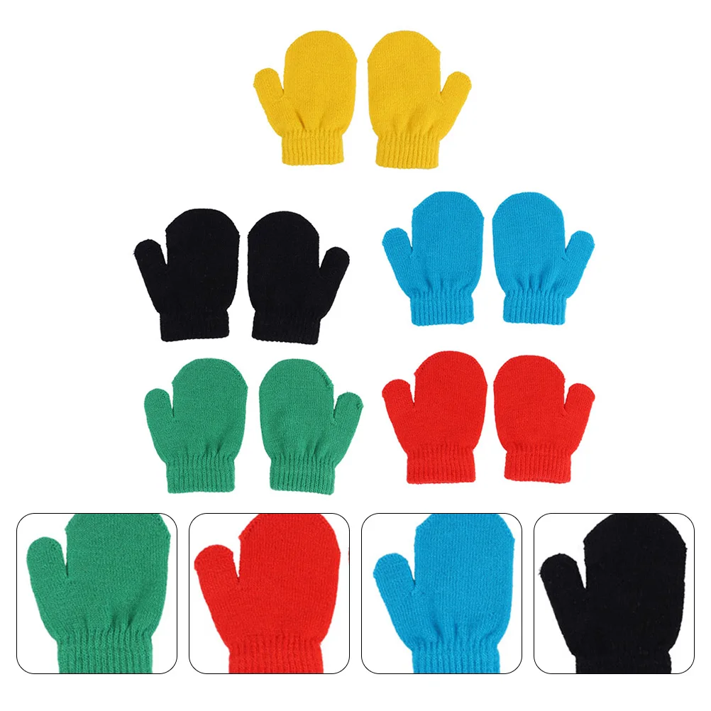 

5 Pairs Winter Gloves for Children Soft Warm Acrylic Kids Mittens Full Finger Breathable Sports Knitted Gloves