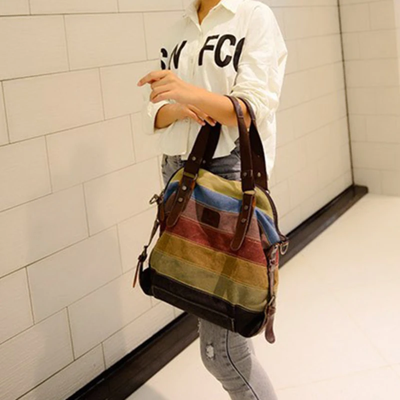 Canvas-Tragetaschen, gestreifte Damenhandtasche, Patchwork-Regenbogen-Umhängetasche, modische weibliche lässige Umhängetasche – Detail 5