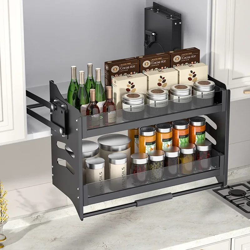 

kitchen cabinet, pull-down seasoning and pulling basket, top cabinet, upper and lower buffering and telescopic storage rack