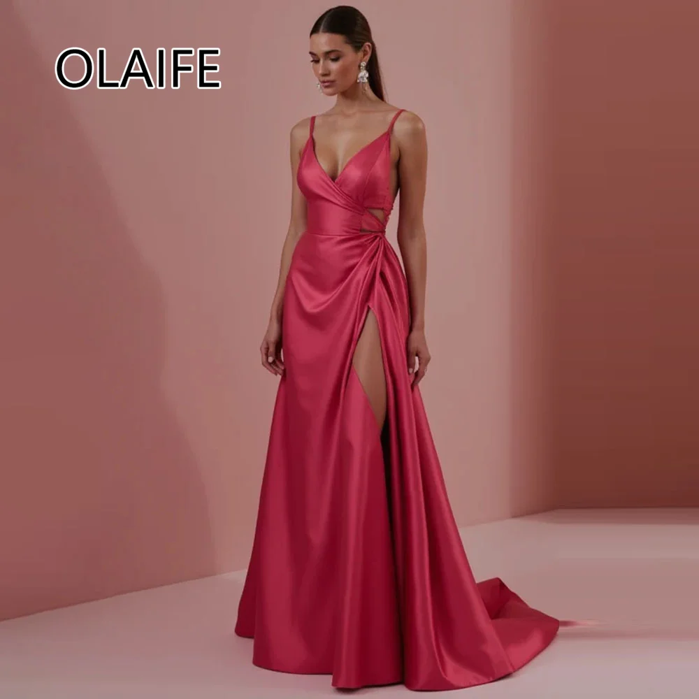 

Simple Deep V-neck Satin Pleated Formal Prom Gowns for Women Backless Sheath Sexy Evening Gowns with Sweep Court Customzied