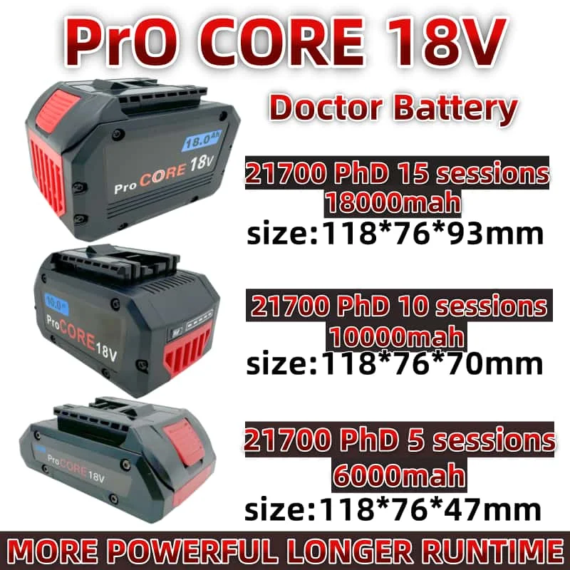 

100% brand new Pro Core 18V 6ah/10ah/18ah 21700 lithium-ion battery, suitable for Bosch 18V MAX cordless power tool drill