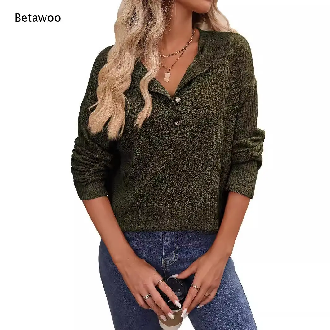 Women Solid Knit Top V Notch Collar Long Sleeve Casual Shirt Relaxed Fit Basic Pullover Suitable for Daily Outings Trips