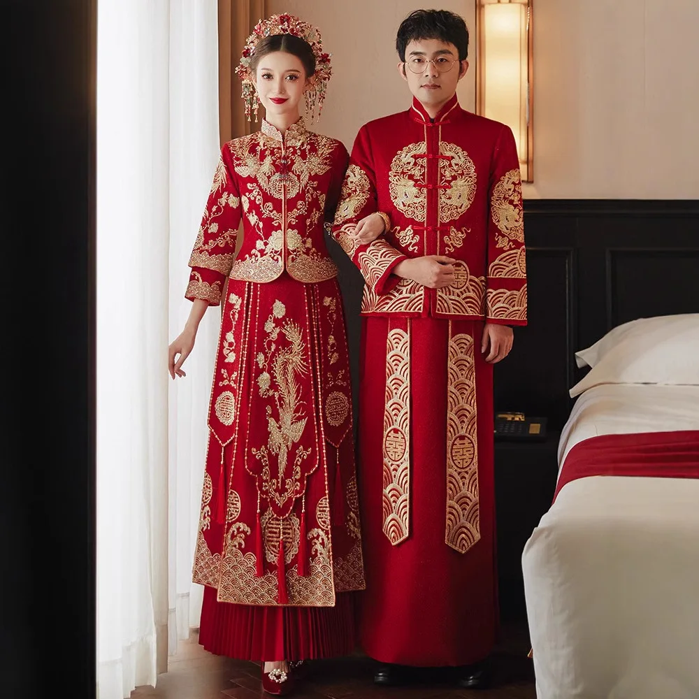 Yourqipao Xiuhe ارتداء العروس ثوب زفاف فستان الزفاف الصيني فستان التنين فينيكس ثوب نخب الملابس تظهر مجموعة للنساء