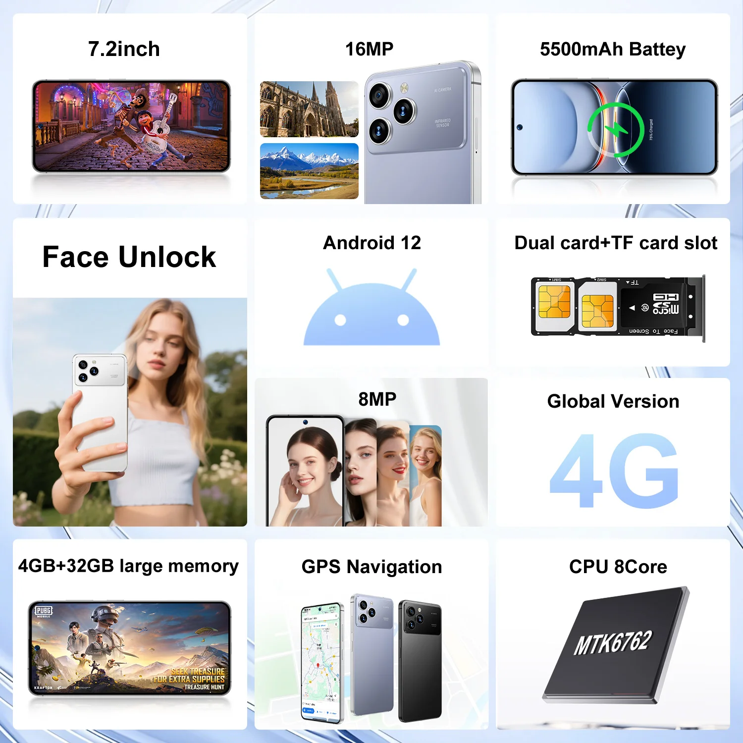 IVMI Global Vision 17Pro Max Smartphone 7.2Inch 4GB RAM 32GB ROM Android12 Dual SIM Face Unlock 4G Network 8+16MP Mobile Phones