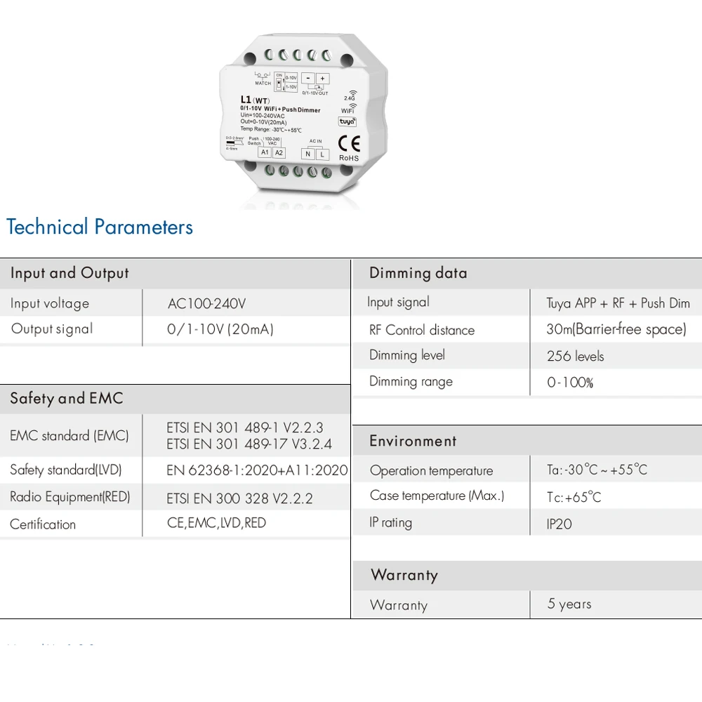 0/1-10V Tuya Smart Life WiFi LED Dimmer Controller Push Switch APP controllo vocale telecomando Touch a 4 zone per Alexa Google Assistant