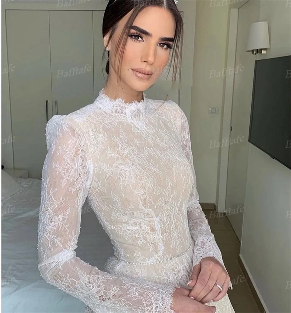 Bafftafe Modest A Line Full Lace Wedding Dresses Long Sleeves High Neck A Line Boho Bridal Gowns Bride Elegant Vestido de novia