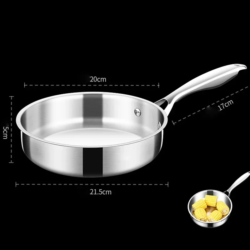 16cm/20cm Frying Pan Stainless Steel Non Coated Flat Bottom Pan Household Cooking Steak Omelet Pan General