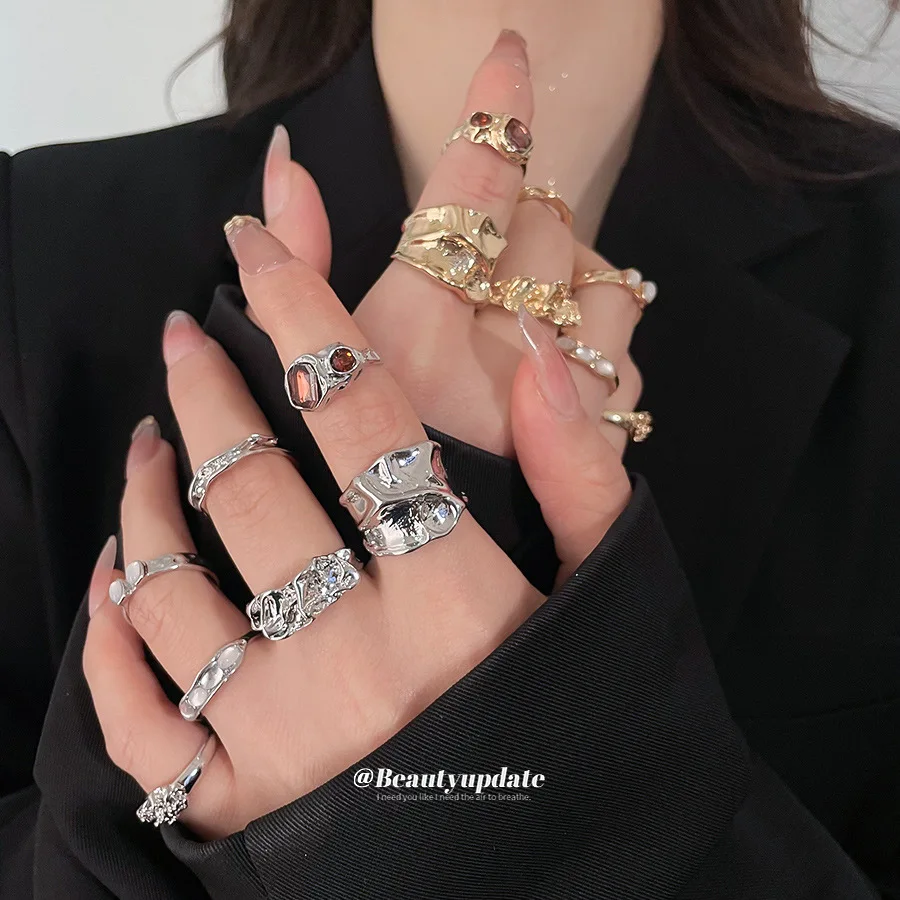 

Folded Resin Diamond Embedded Open Ring Set Luxury Sensation Finger Ring Design Women's Fashion Jewelry Silver Ladies Ring
