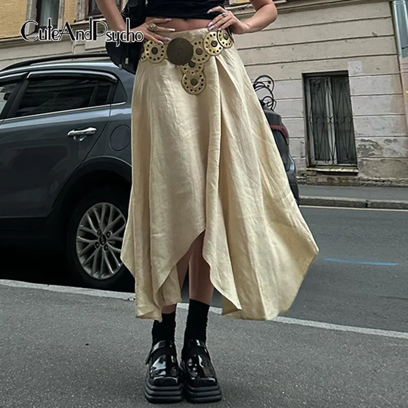 

Cuteandpsycho Solid Vintage Mid-Calf Skirts Y2K Korean Aesthetic High Waist Outfits Chic 90s Women Fashion Asymmetrical Clothing