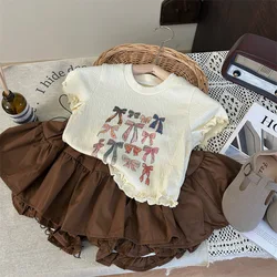 2pcs Kids Girls Skirt Sets Colorful Bow Print Pullover Ruched Hem T-shirt+High Waist A-Line Brown Shorts Skirt 2pcs Children Set