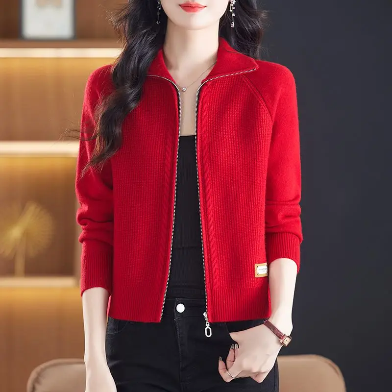

Fashionable Zipper Sweater Jacket for Women Autumn and Winter Short Style for New Retro Solid Color Knitted Cardigan Coat Women