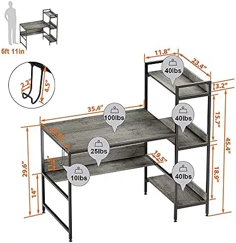 Computer tisch mit Regalen 47-Zoll-Leiter Schreibtisch Schlafzimmer Organisation für kleinen Raum reversible Bücherregal und unter Schreibtisch