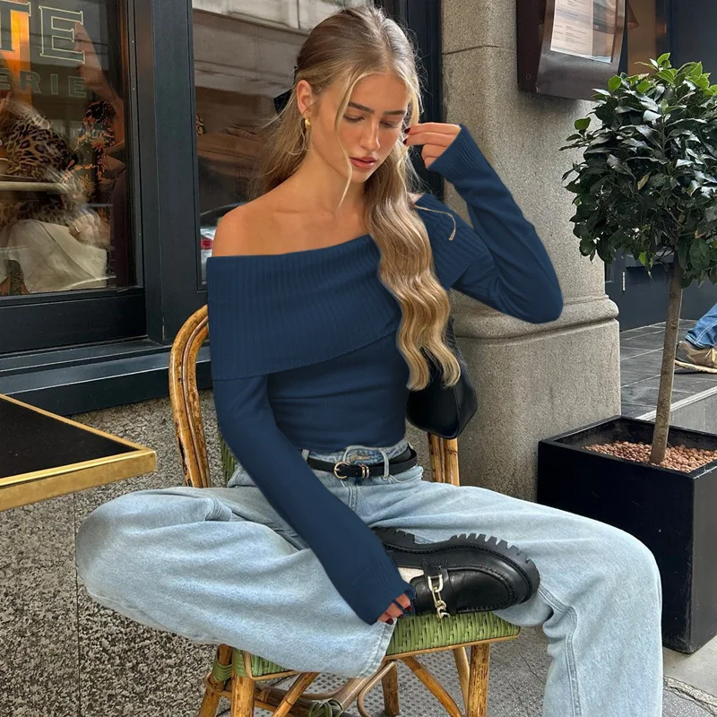 Street Fashion Off Shoulder Top Women Long Sleeve Crop Top Y2k Clothes Chic Minimalist 2026 Fall Outfit Foldover Neck T Shirt view 5