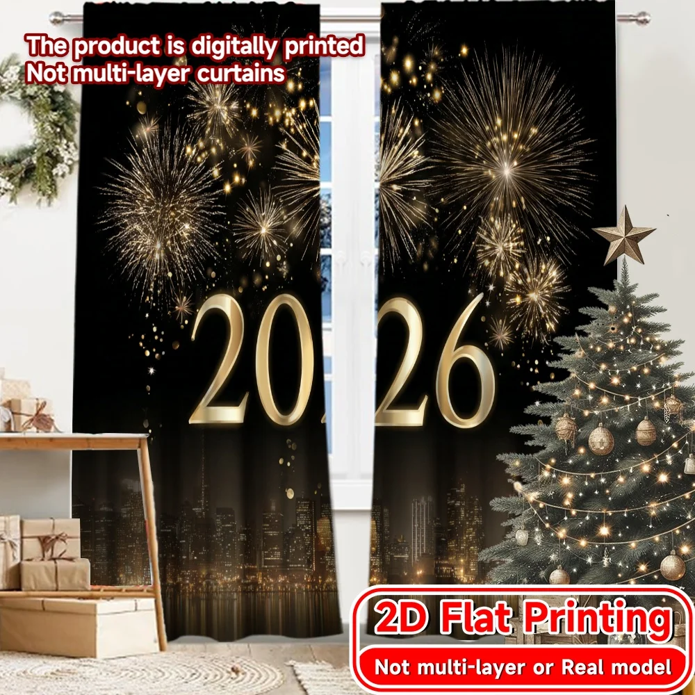 2D Flat Printing,2pcs 2026 Celebration(5) Chic Curtain Fabric Durable Polyester Curtains Decorations Suitable for Bedroom &