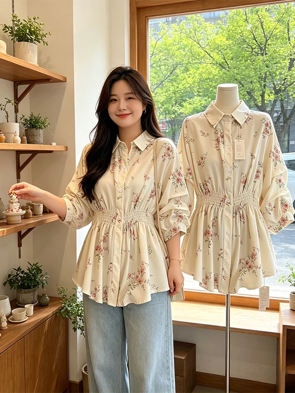 

Женская рубашка с цветочным принтом и рукавом 3/4, летняя, новая модель, корейский стиль, стандартная длина, повседневная одежда
