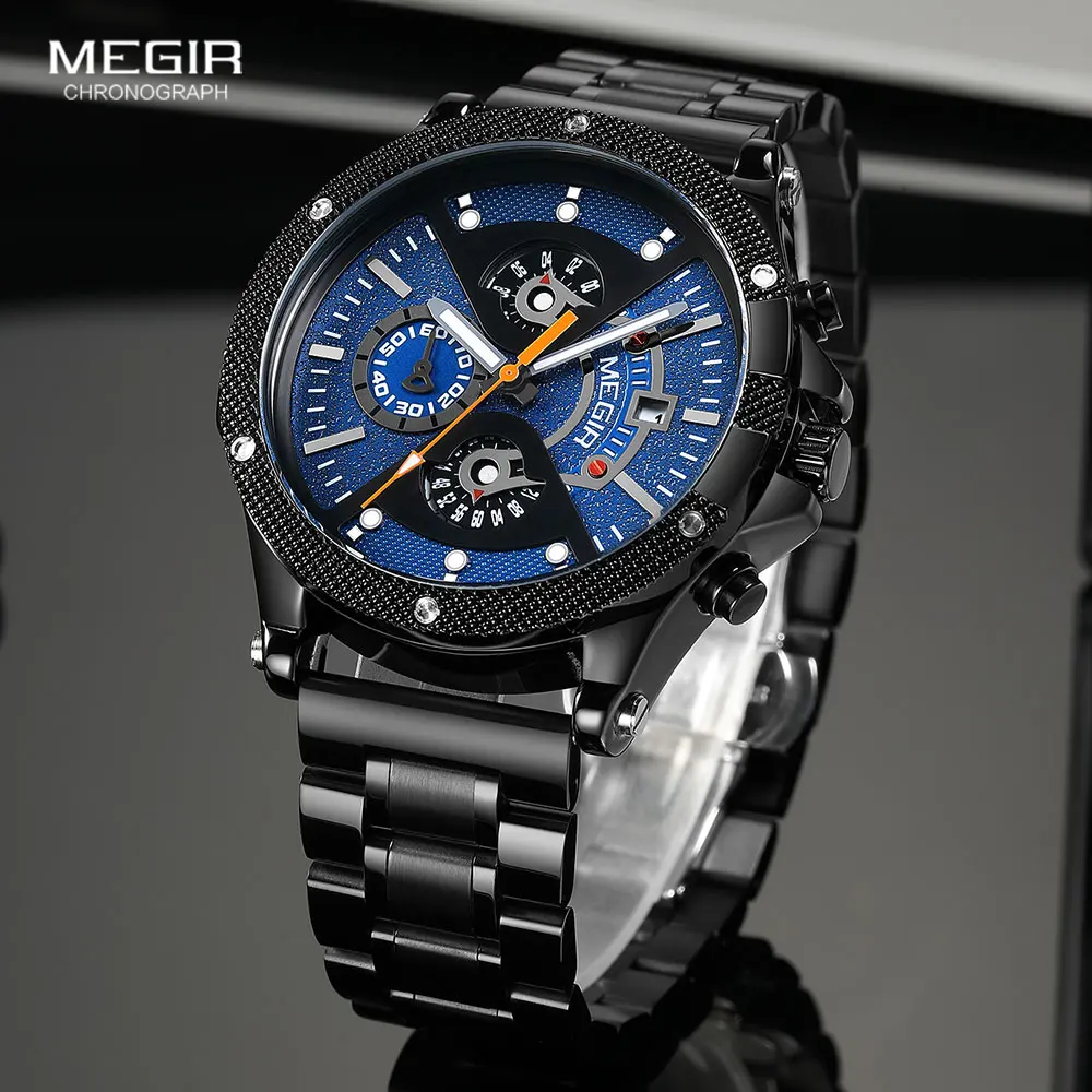 MEGIR Fashion Analog Quartz Watch Men Black Stainless Steel Wristwatch with Chronograph Date Luminous Hands Free Spare Band 2216