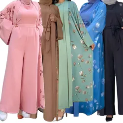 Abayas longues ouvertes à fleurs, ensemble 2 pièces élégant, mode musulmane, vêtements modestes, pantalons en niqab, robe de prière, nouvelle collection 2023