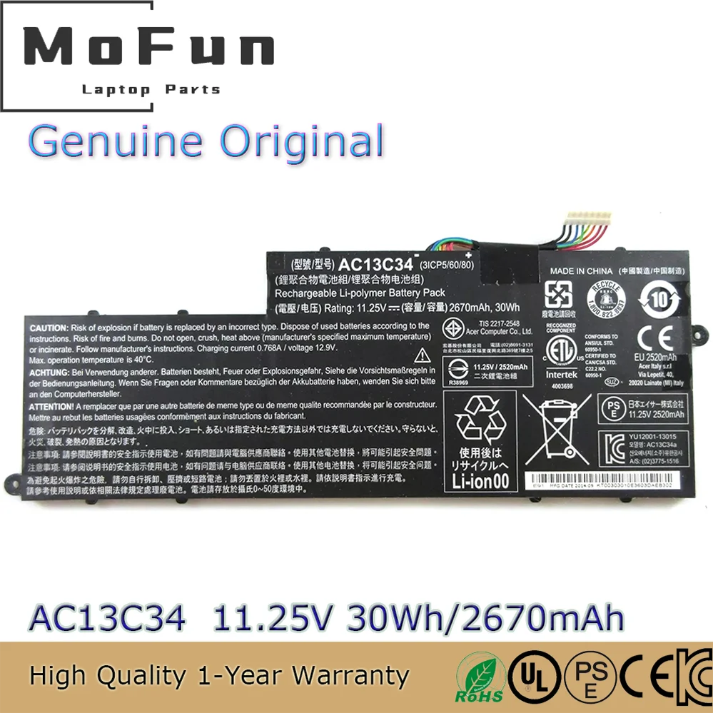 

Новый оригинальный аккумулятор для ноутбука AC13C34 11,4 В 2640 мАч для Acer Aspire V5-122P V5-132 E3-111 E3-112 ES1-111M
