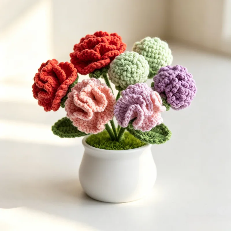 Mini Cute Style Handwoven Simulation Planting Thread DIY Crochet Knitted Flower Pot Home Garden Decorative Ornament
