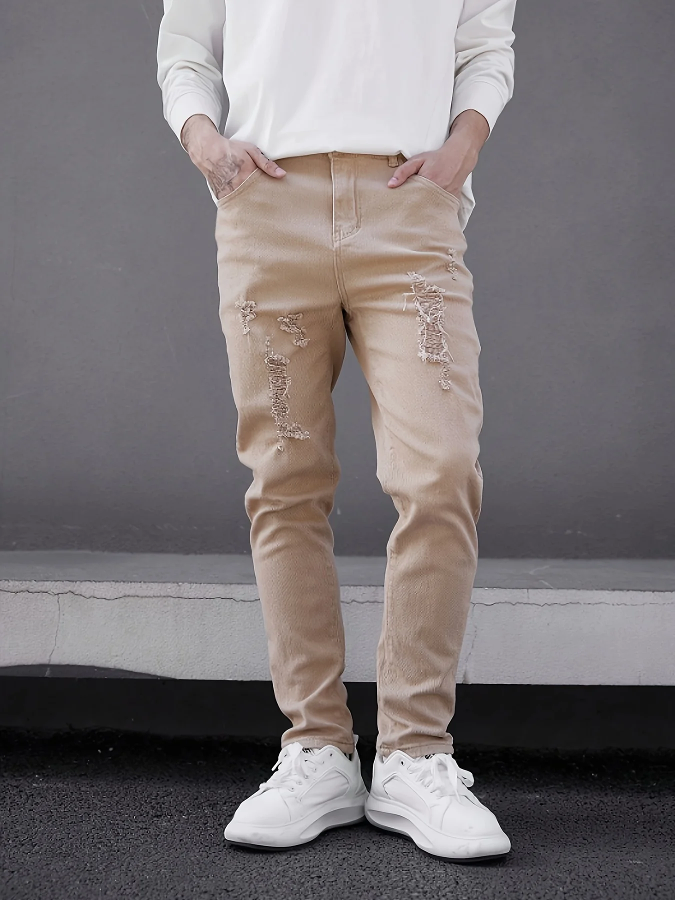 Casual herenjeans, geperforeerde kaki strakke denimbroek voor heren
