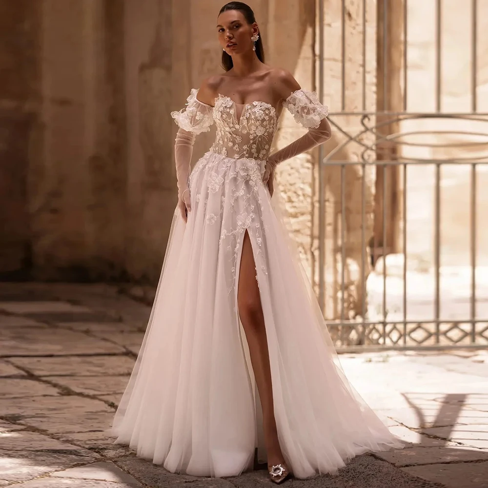 정교한 튤 A라인 사이드 슬릿 웨딩드레스 신부 맞춤형 스위트하트 아플리케 탈부착 가능한 소매 백리스 브라이덜 가운