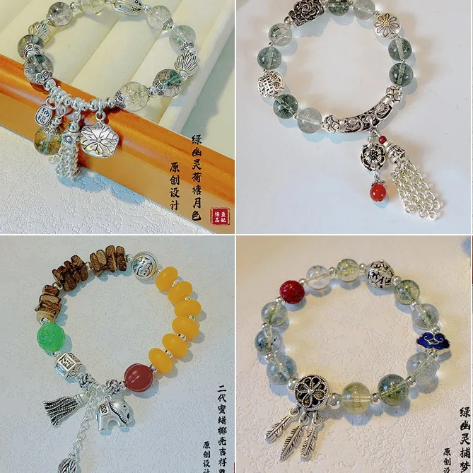 الرجعية العرقية نمط الأخضر شبح سوار المرأة الصينية ذات المناظر الطبيعية الخلابة بقعة بوذا الخرز ون اللعب التبتية الفضة الحظ HandString مجوهرات