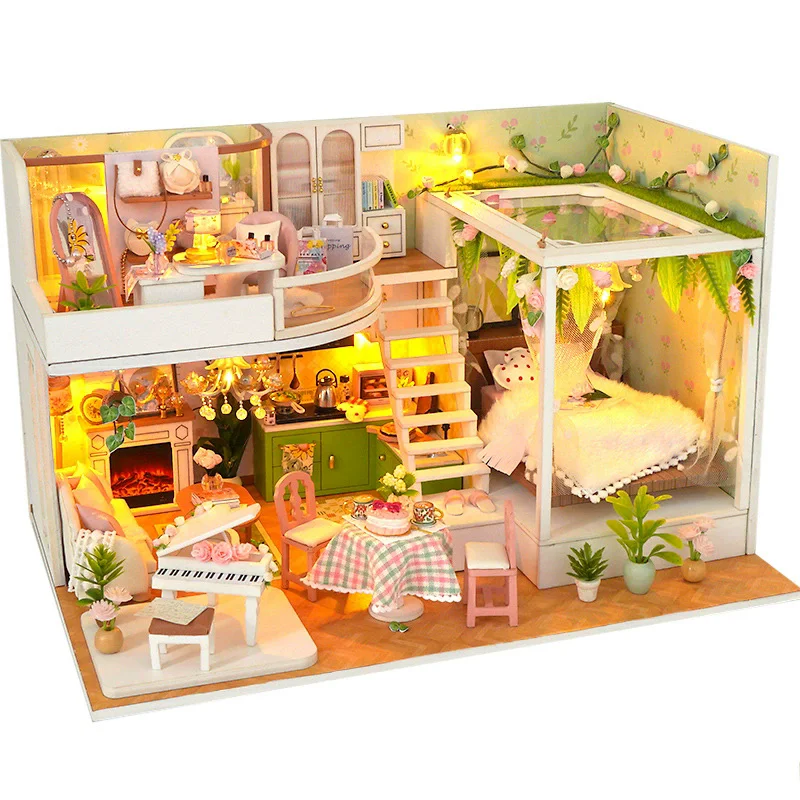

DIY большой деревянный ящик Casa, кукольный домик с мебелью, светильник, кукольный домик, сборка ручной работы, миниатюрные игрушки, креативные подарки на день рождения