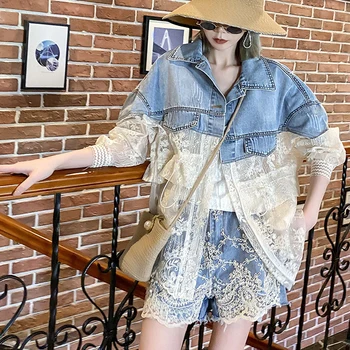 여성용 긴 소매 빅 사이즈 청바지 재킷, 루즈 레이스 스티칭 원근법 탑 재킷, 여성용 데님 코트, 여름 패션