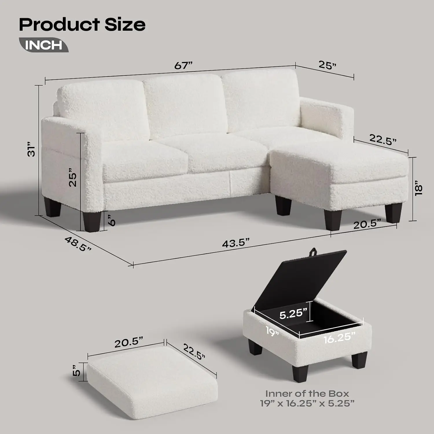 L-Shaped Sectional Sofa Reversible Chaise Modern Boucle Upholstered Spring Cushions Corner Living Room Apartment Small Space, Cu