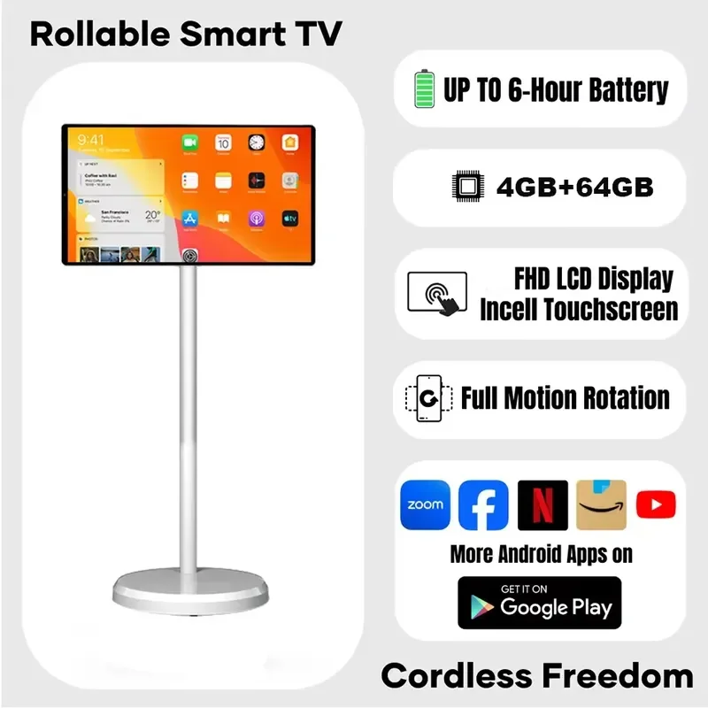 24 Inch Portable Smart TV Android 12 Movable Rollable LED Display FHD Digital Signage Mobile Monitor Mini Television for Home
