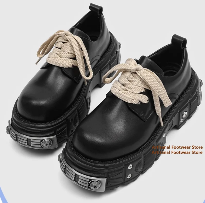 Punk Style Thick Soled Derby Shoes for Men Studded White Wide Shoelaces Metal Round Toe Leather Casual Shoes New In Men's Shoes