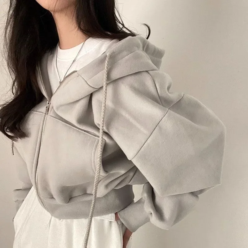 Zippered Long Sleeved Hooded Sweatshirt Loose Casual Simple Trendy Versatile Solid Color Fashionable Lazy Jacket Wholesale
